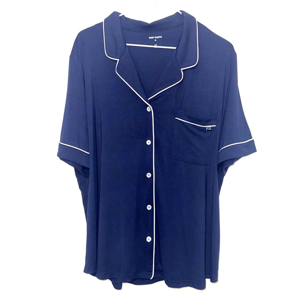 Cozy Earth Bamboo Stretch Knit Short Sleeve Pajama Set - Navy/White XL - Picture 5 of 13